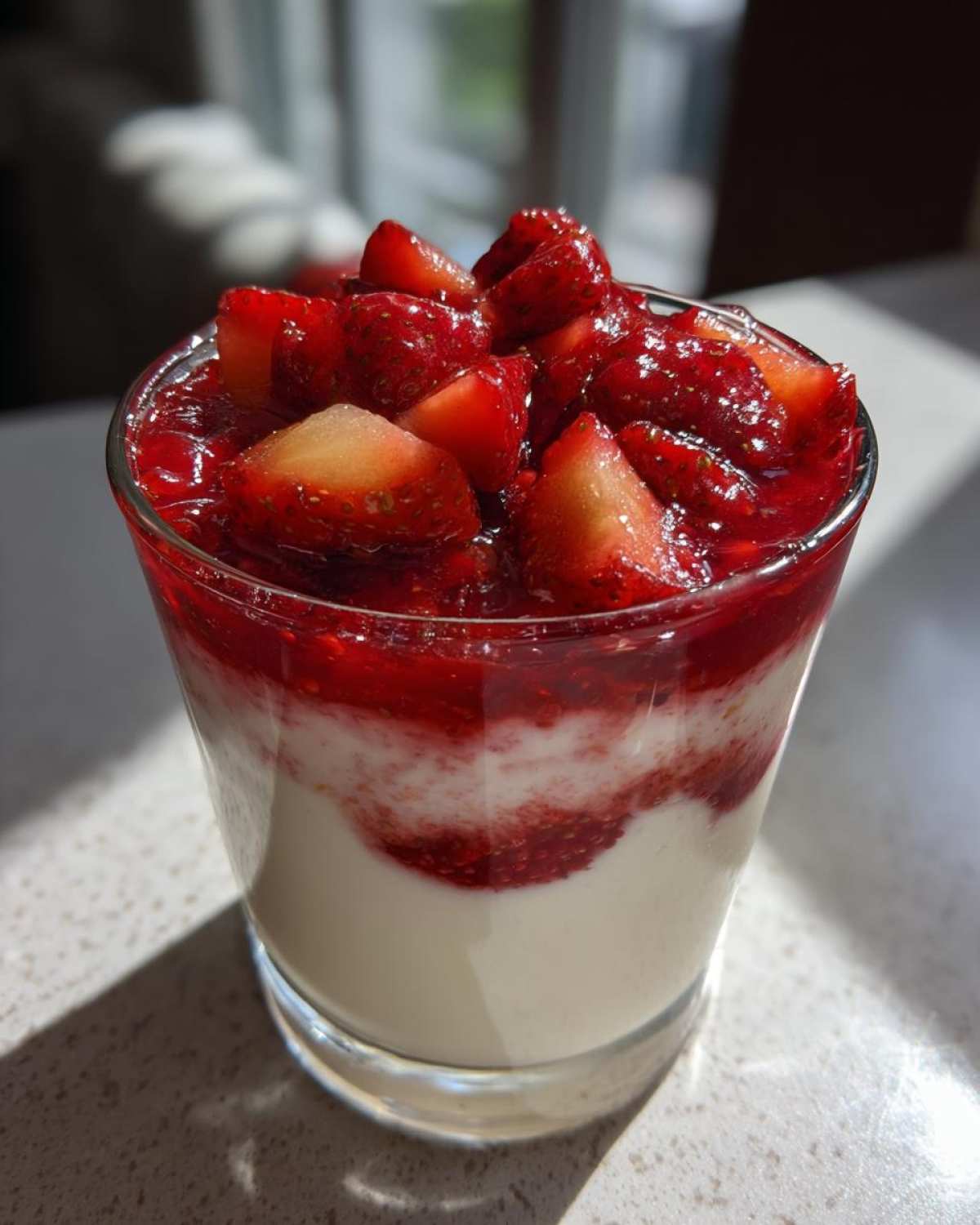 Kremowa panna cotta z truskawkami i sosem truskawkowym w szklance.