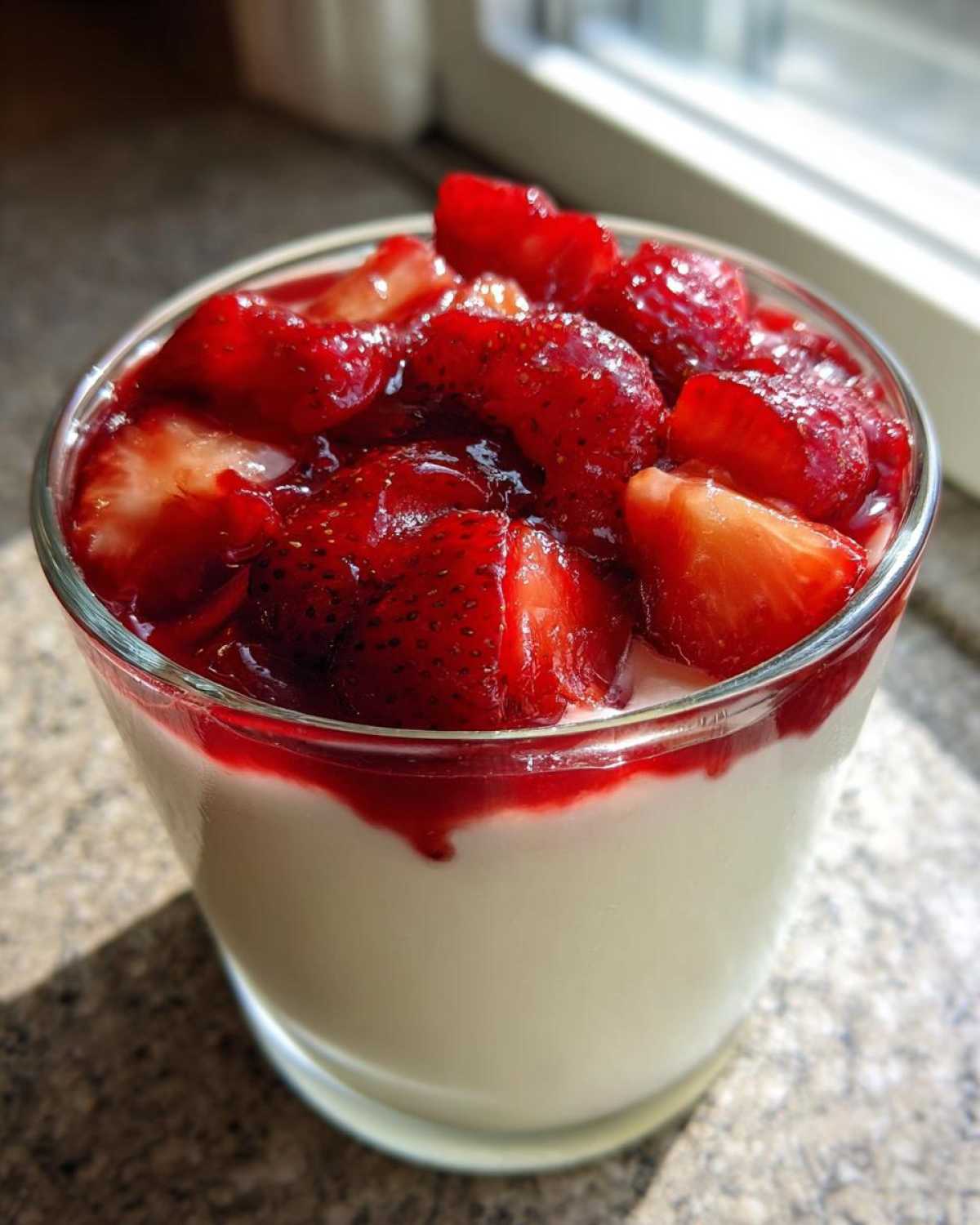Kremowa panna cotta z truskawkami i sosem truskawkowym w szklance.