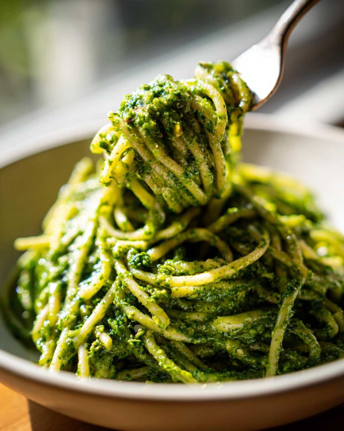 Zbliżenie na makaron spaghetti obficie polany intensywnie zielonym Pesto z liści botwinki, podnoszony widelcem.