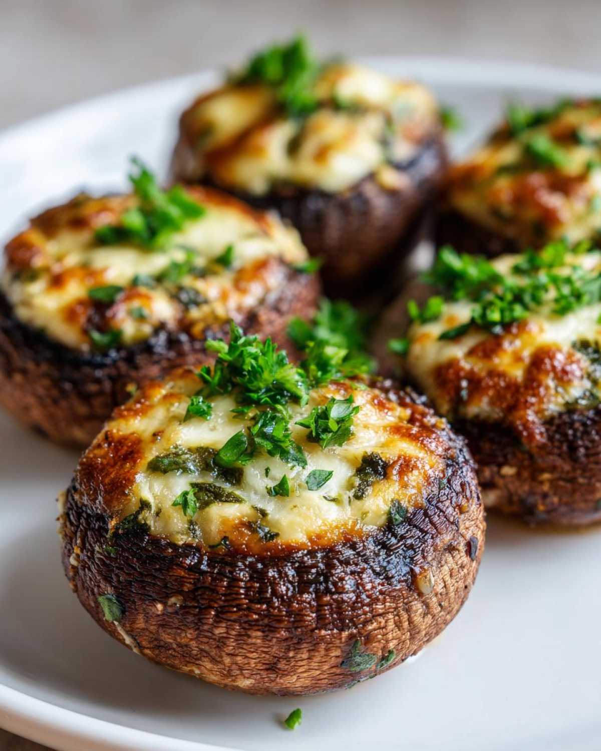 Zbliżenie na grillowane pieczarki faszerowane serem i ziołami, gotowe do podania.
