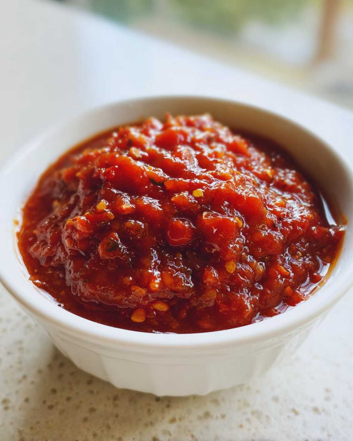 Zbliżenie na miseczkę pełną gęstej, czerwonej Pikantnej salsy pomidorowej do karkówki z widocznymi kawałkami papryki i chili.