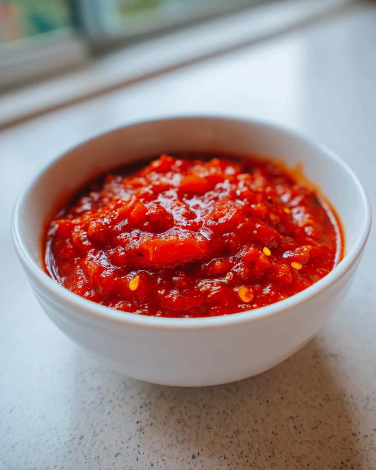 Zbliżenie na gęstą, czerwoną Pikantna salsa pomidorowa do karkówki w małej, białej miseczce.