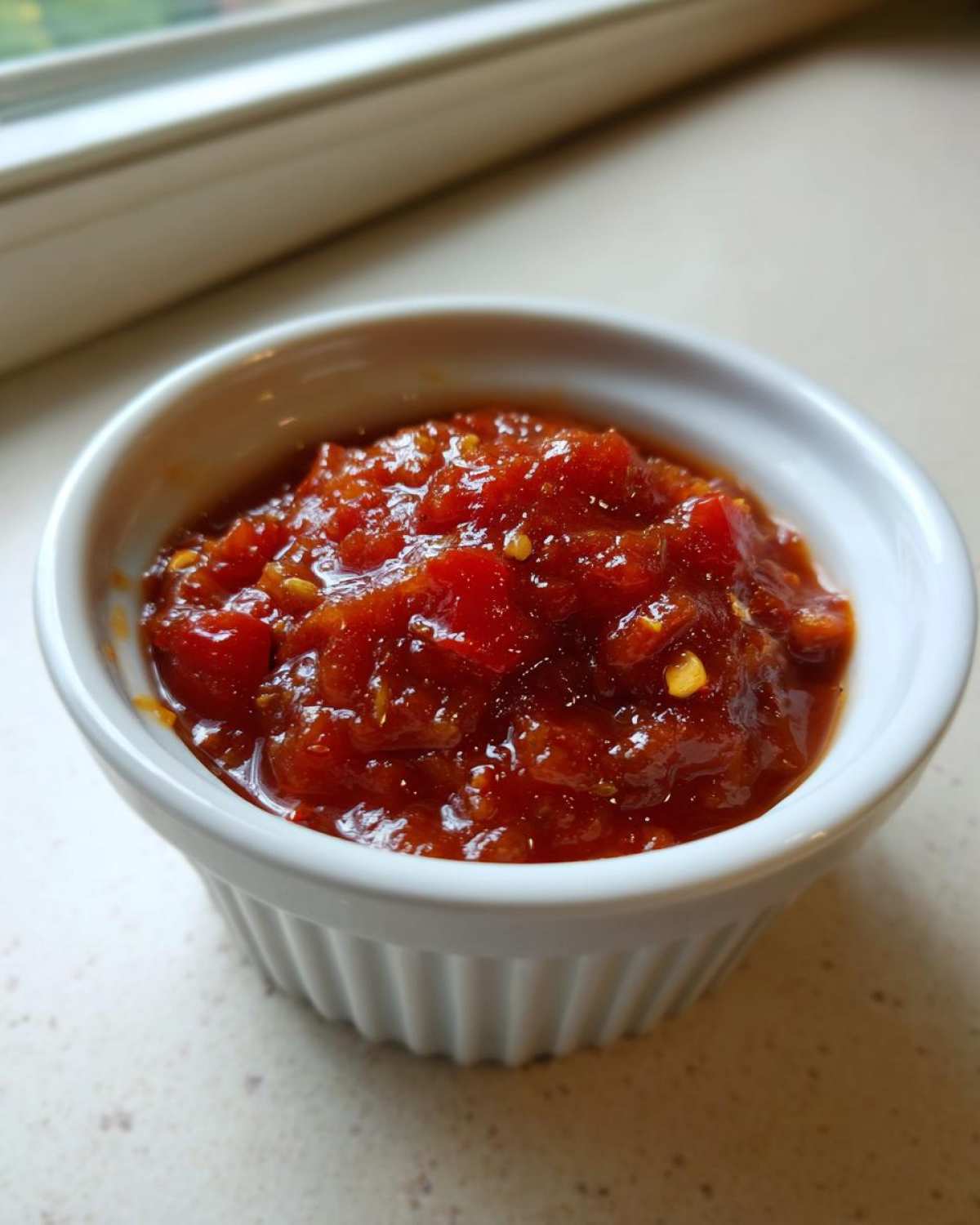 Zbliżenie na małą białą miseczkę wypełnioną gęstą, czerwoną Pikantna salsa pomidorowa do karkówki.