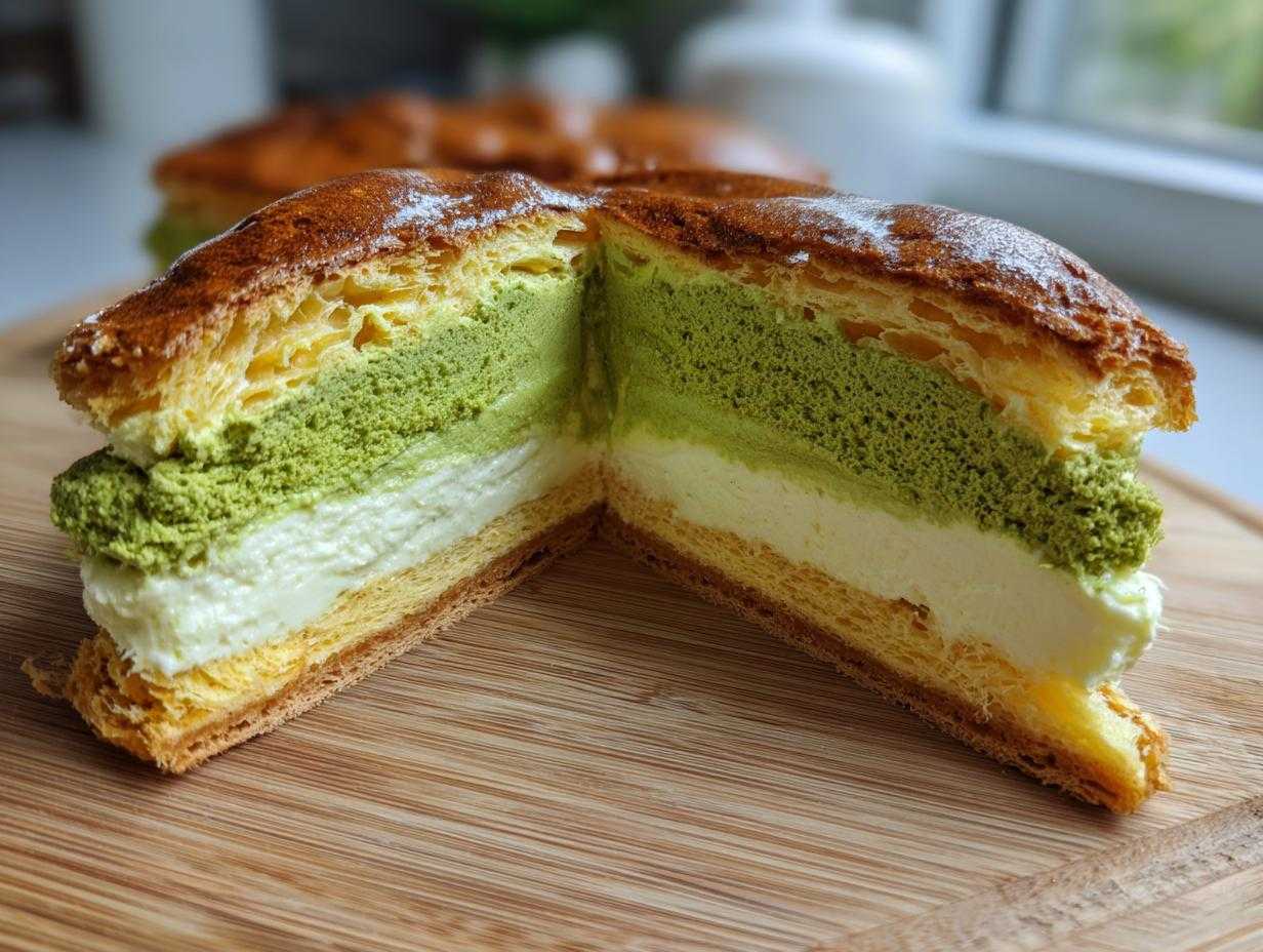 Przekrój ciasta Karpatka pistacjowa, ukazujący warstwy ciasta francuskiego, kremu pistacjowego i białego kremu.