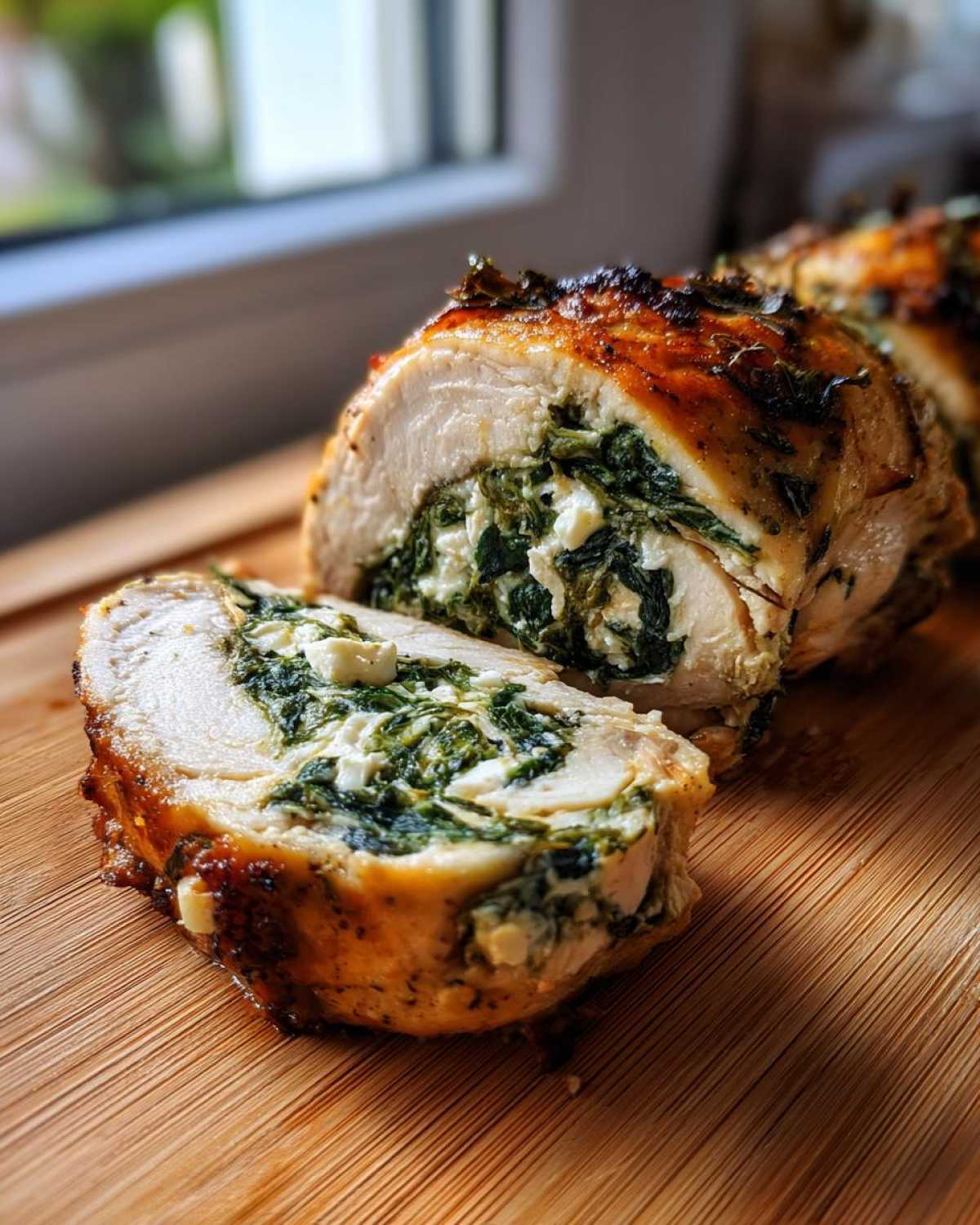 Przekrojone Roladki z kurczaka ze szpinakiem i fetą na desce, widoczne nadzienie ze szpinaku i sera feta.