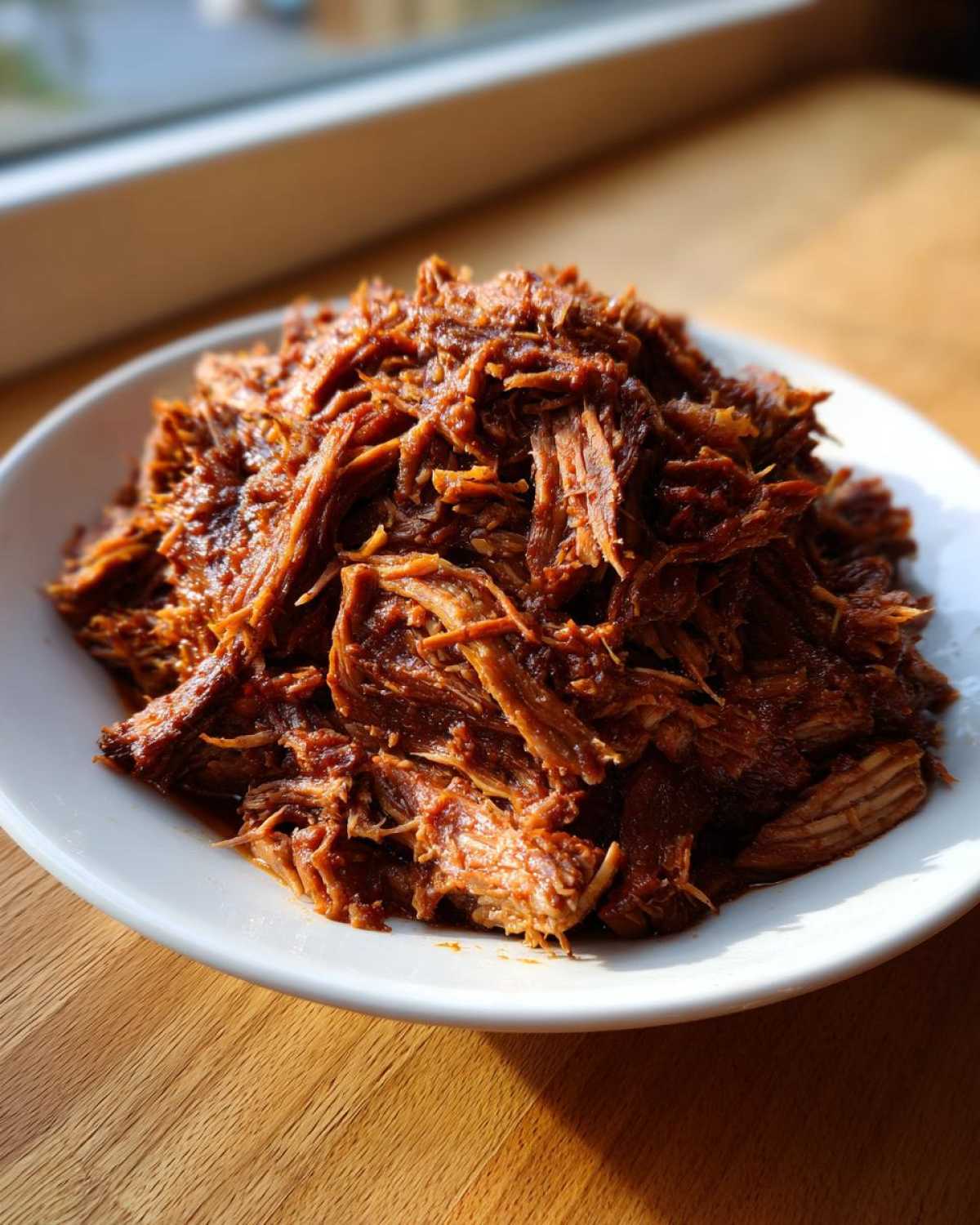 Porcja soczystego, szarpanego Pulled pork z wolnowaru na burgery w białej misce.