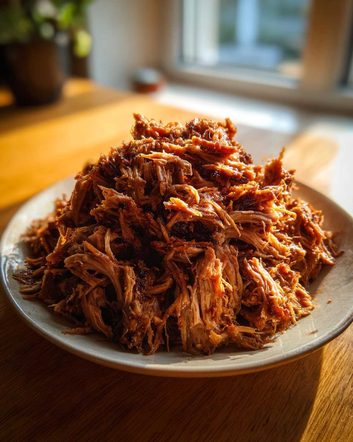 Apetyczna góra szarpanej wieprzowiny, czyli Pulled pork z wolnowaru na burgery, na jasnym talerzu.