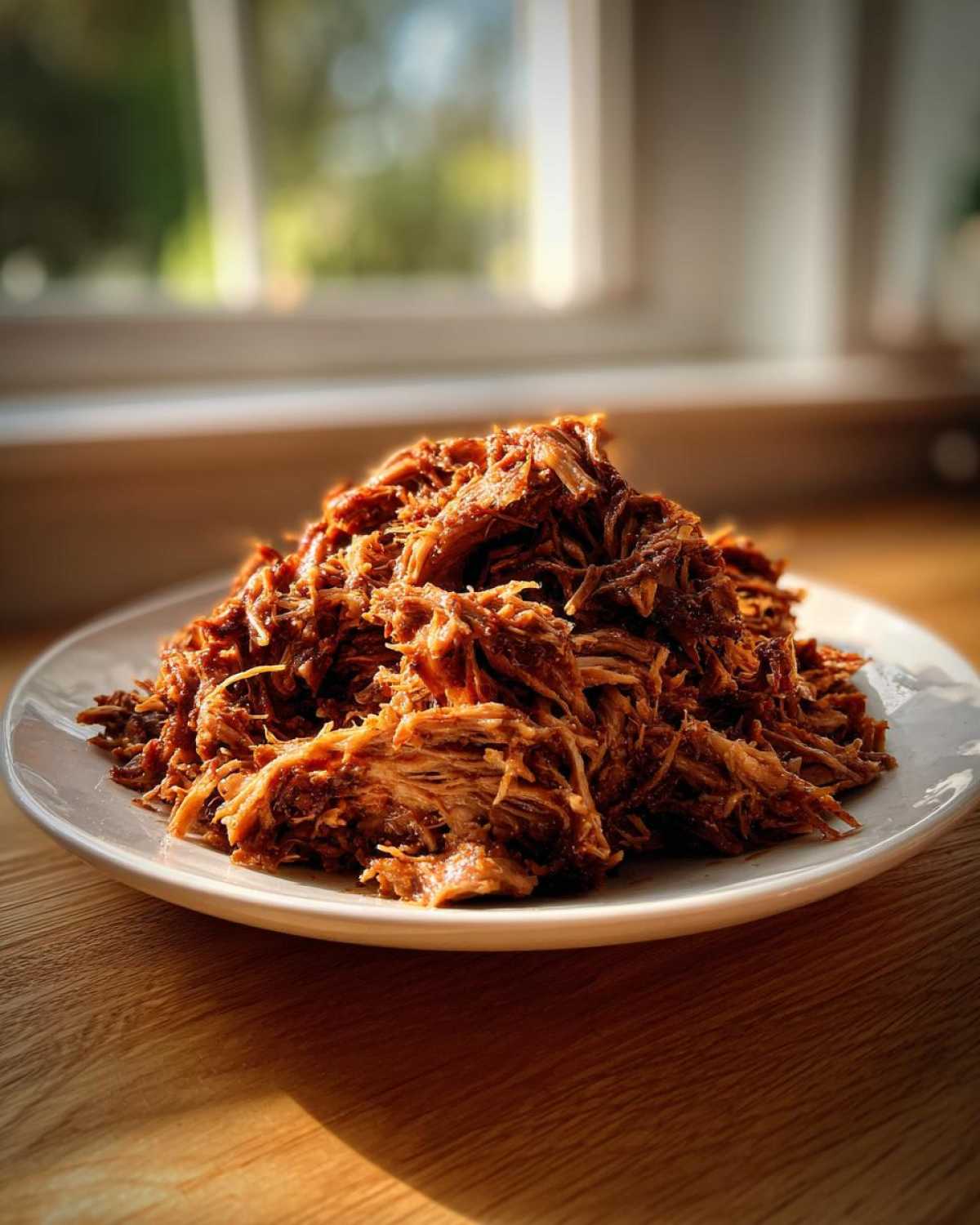 Kopiec soczystego Pulled pork z wolnowaru na burgery na białym talerzu.