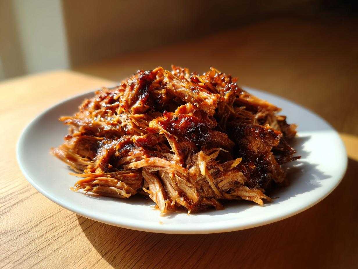 Porcja soczystego Pulled pork z wolnowaru na burgery, polana sosem BBQ, na białym talerzu.