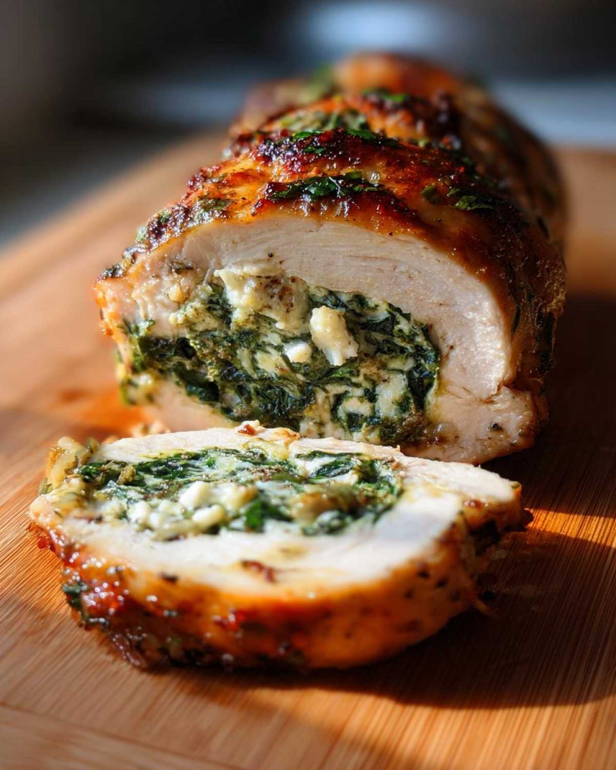 Przekrojone Roladki z kurczaka ze szpinakiem i fetą na desce, widoczne nadzienie ze szpinaku i sera feta.