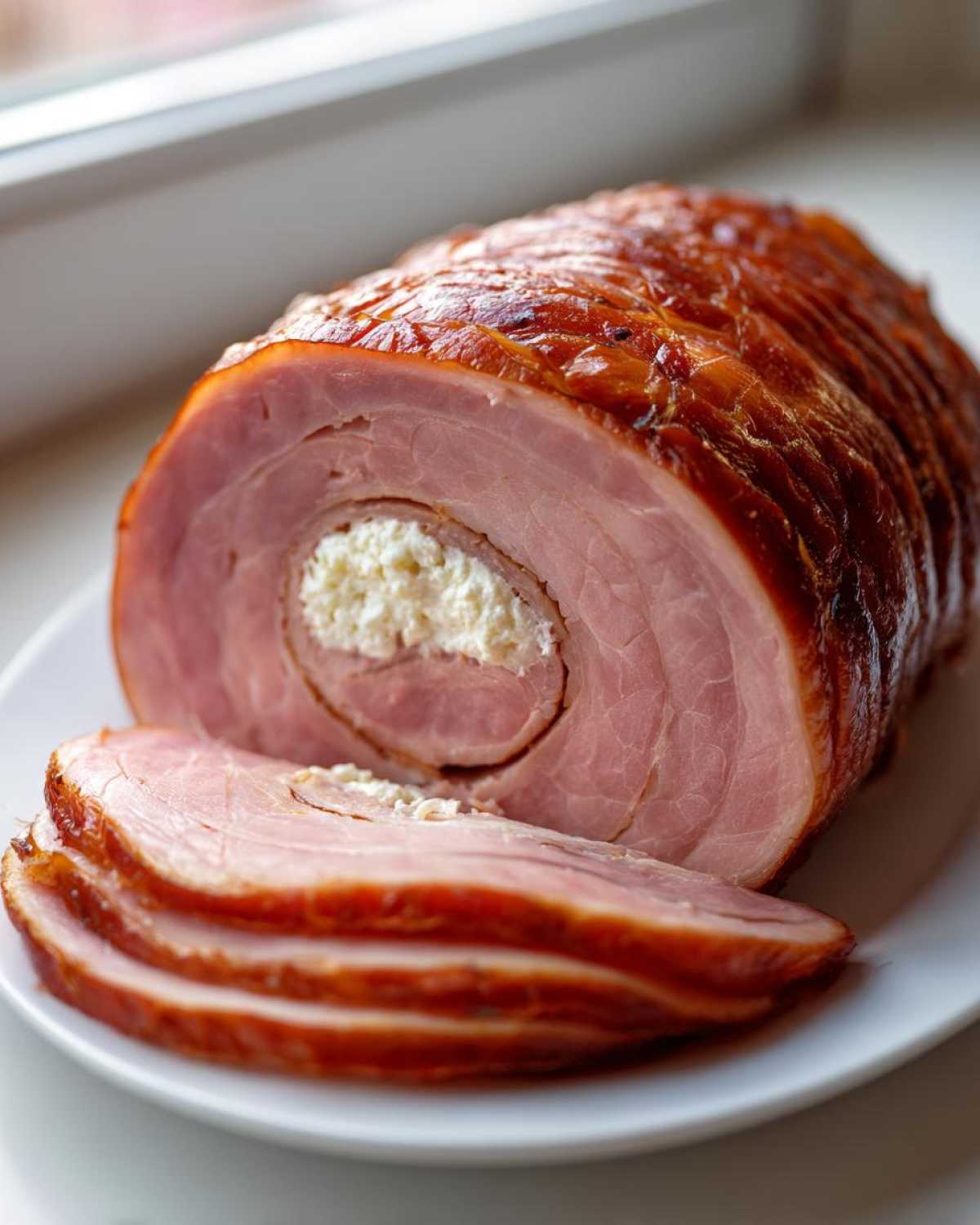 Przekrojone roladki z szynki z nadzieniem chrzanowym na białym talerzu.
