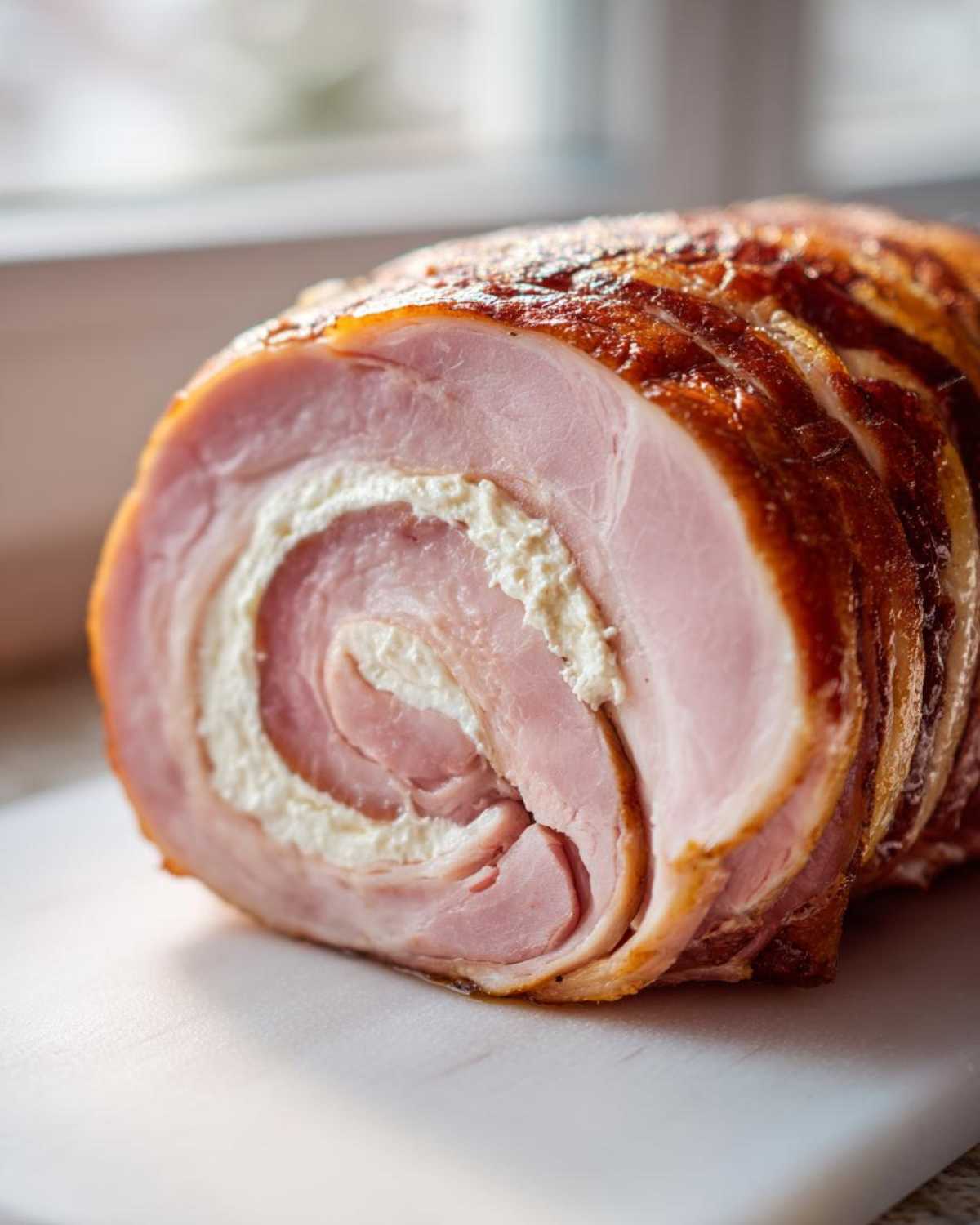 Zbliżenie na przekrój Roladki z szynki z nadzieniem chrzanowym, widoczny spiralny kształt szynki i kremowego chrzanowego farszu.