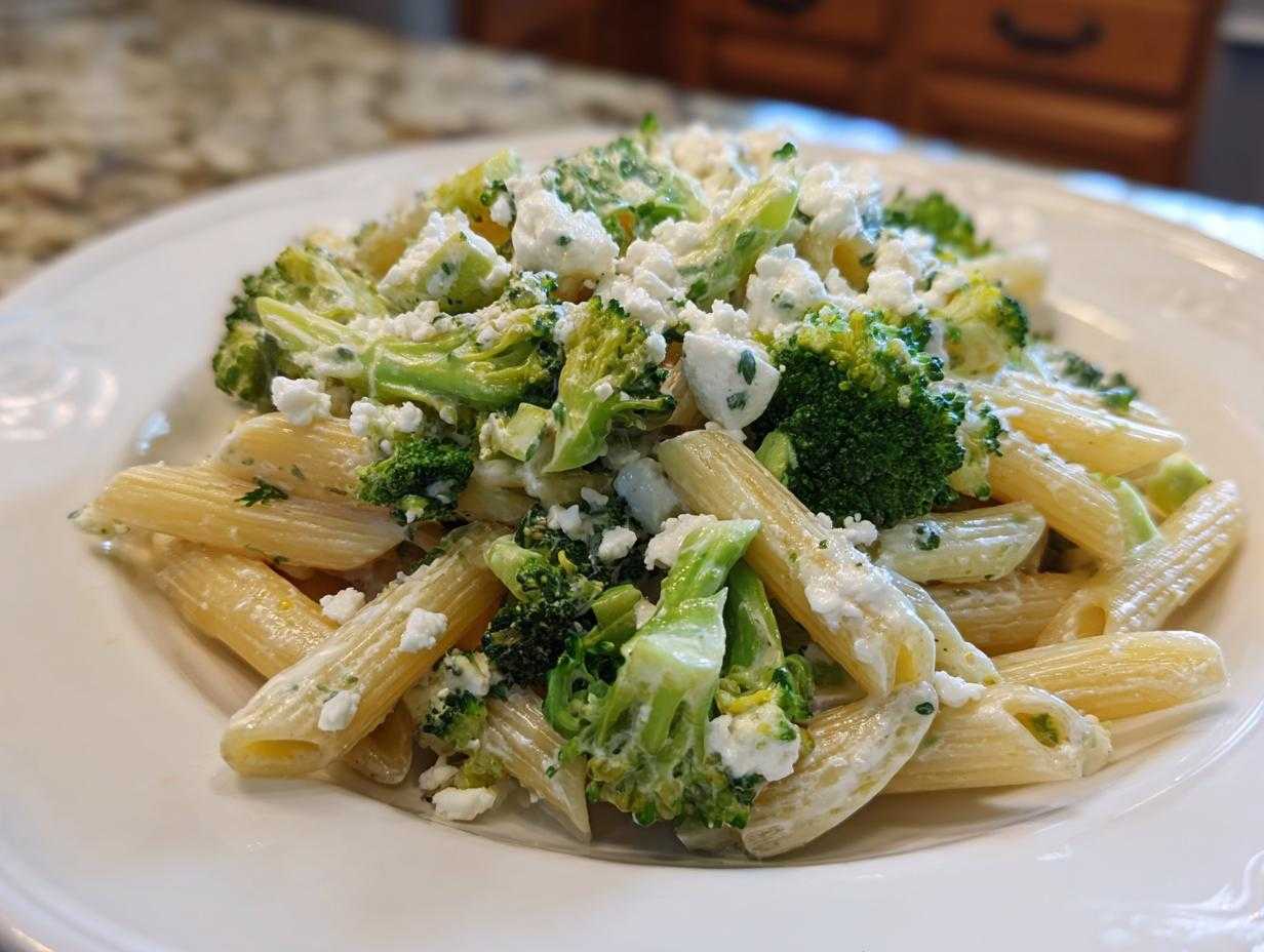 Porcja sałatki makaronowej z brokułami, penne i kawałkami sera feta na białym talerzu.