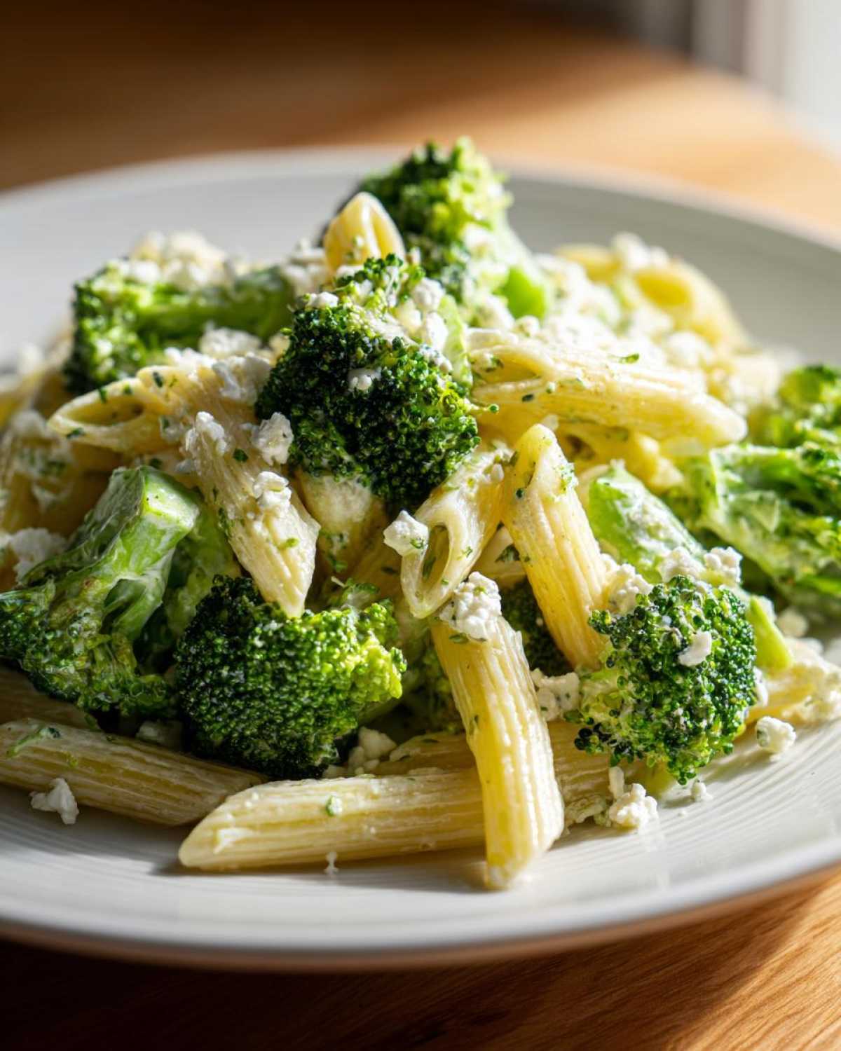 Zbliżenie na talerz z penne, brokułami i serem feta – idealna Sałatka makaronowa z brokułami.