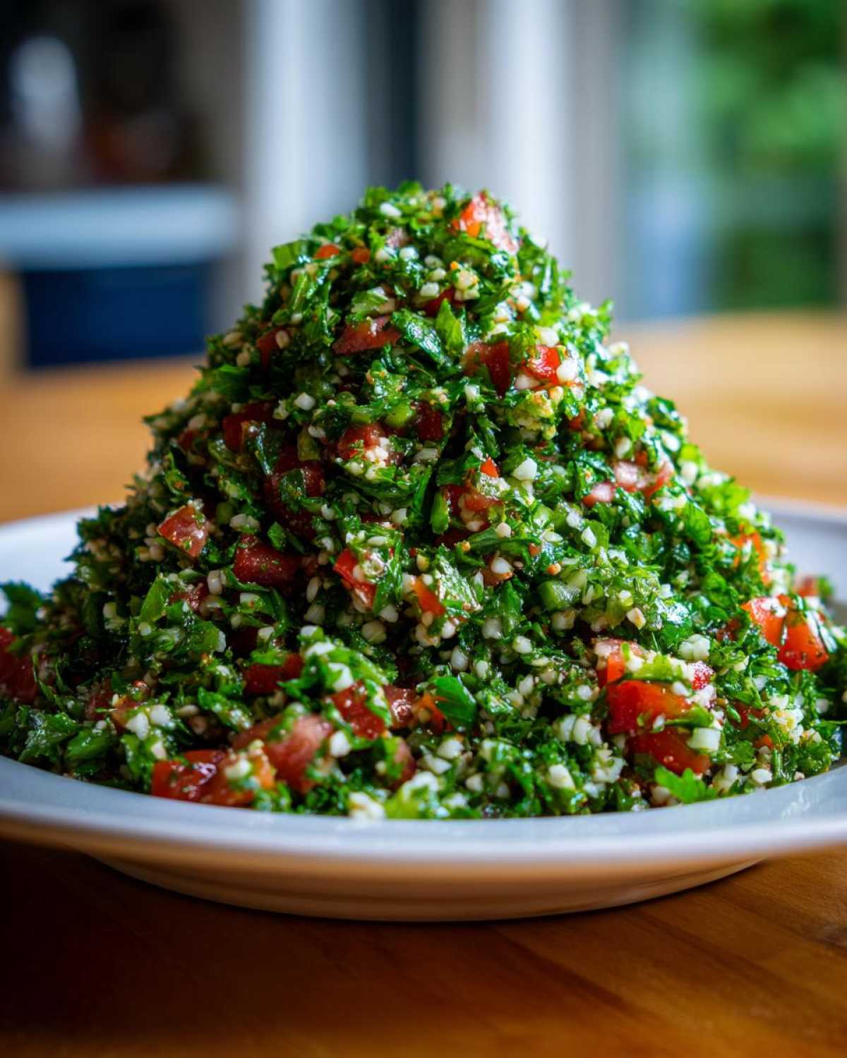 Duża porcja Sałatka tabbouleh z kaszą bulgur uformowana w kopiec, pełna pietruszki i pomidorów.