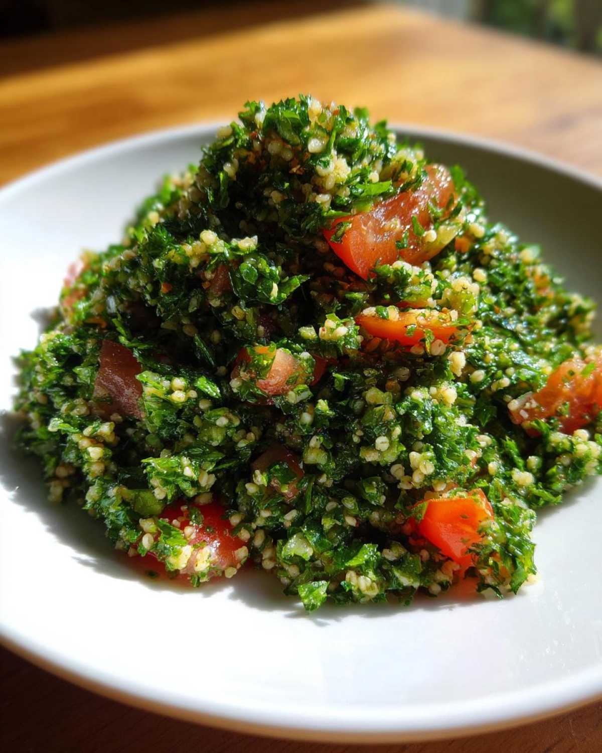 Zbliżenie na porcję Sałatka tabbouleh z kaszą bulgur, bogata w natkę pietruszki i kawałki pomidora.