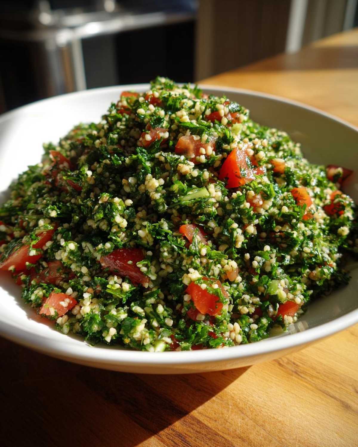 Duża porcja świeżej Sałatka tabbouleh z kaszą bulgur, bogata w pietruszkę i pomidory, podana w białej misce.
