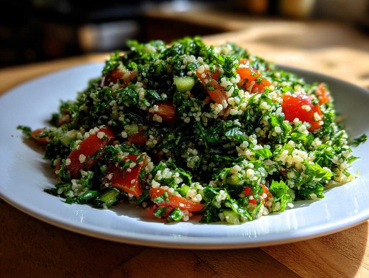 Zbliżenie na porcję Sałatka tabbouleh z kaszą bulgur, bogata w pietruszkę i kawałki pomidorów.