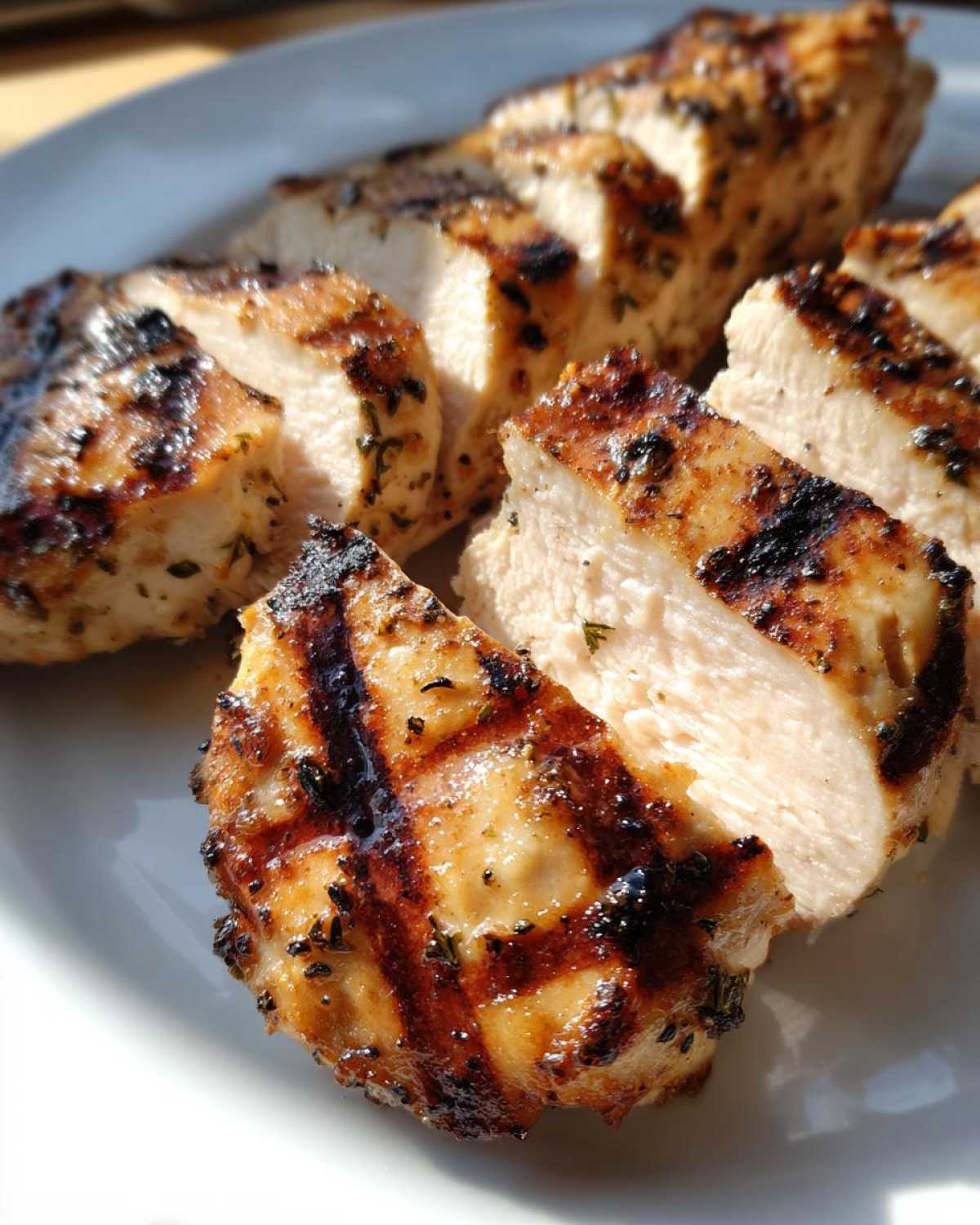 Zbliżenie na soczystą Grillowana pierś z indyka pokrojoną w plastry, widoczne ślady po grillowaniu.