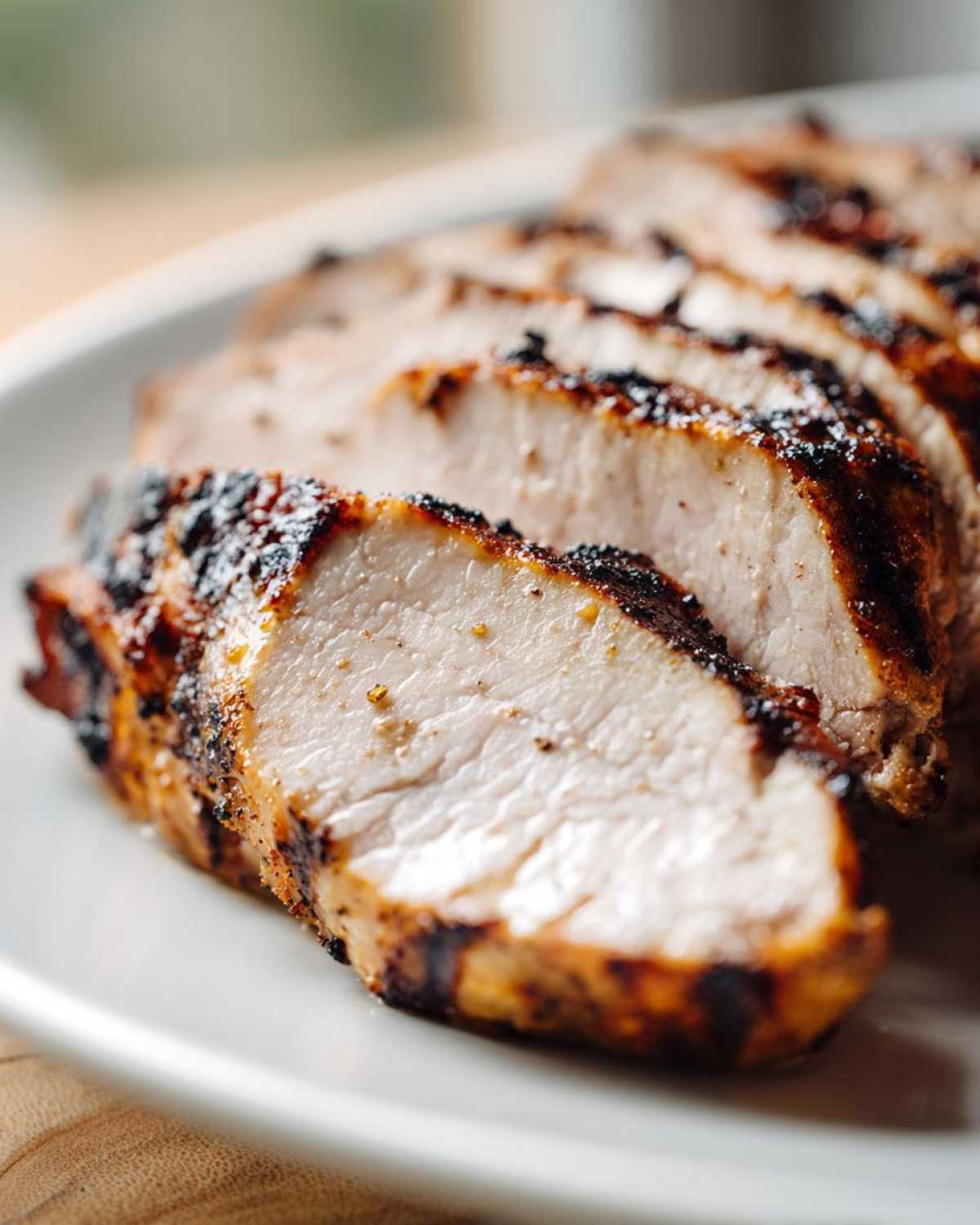 Zbliżenie na soczystą Grillowana pierś z indyka pokrojoną w plastry, z widocznymi śladami grillowania.