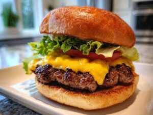 Zbliżenie na soczyste hamburgery wołowe domowe z podwójnym kotletem, roztopionym serem cheddar, sałatą i pomidorem w miękkiej bułce.