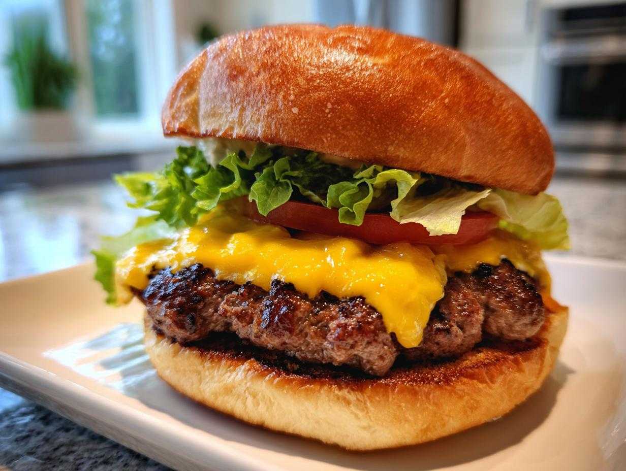 Zbliżenie na soczyste hamburgery wołowe domowe z podwójnym kotletem, roztopionym serem cheddar, sałatą i pomidorem w miękkiej bułce.
