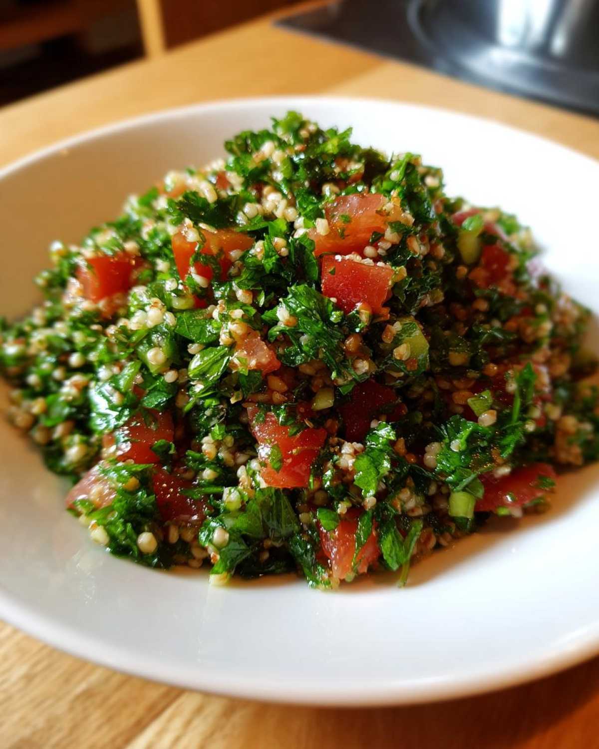 Zbliżenie na miskę pełną świeżej Sałatka tabbouleh z kaszą bulgur z dużą ilością natki pietruszki i pomidorów.