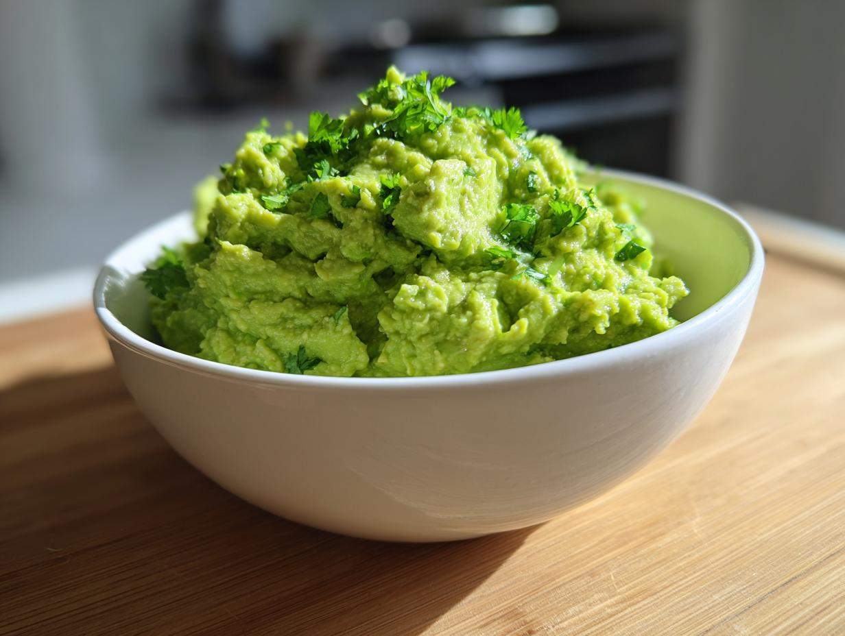 Zbliżenie na miskę świeżego, zielonego Guacamole do mięs z grilla, posypane natką pietruszki.