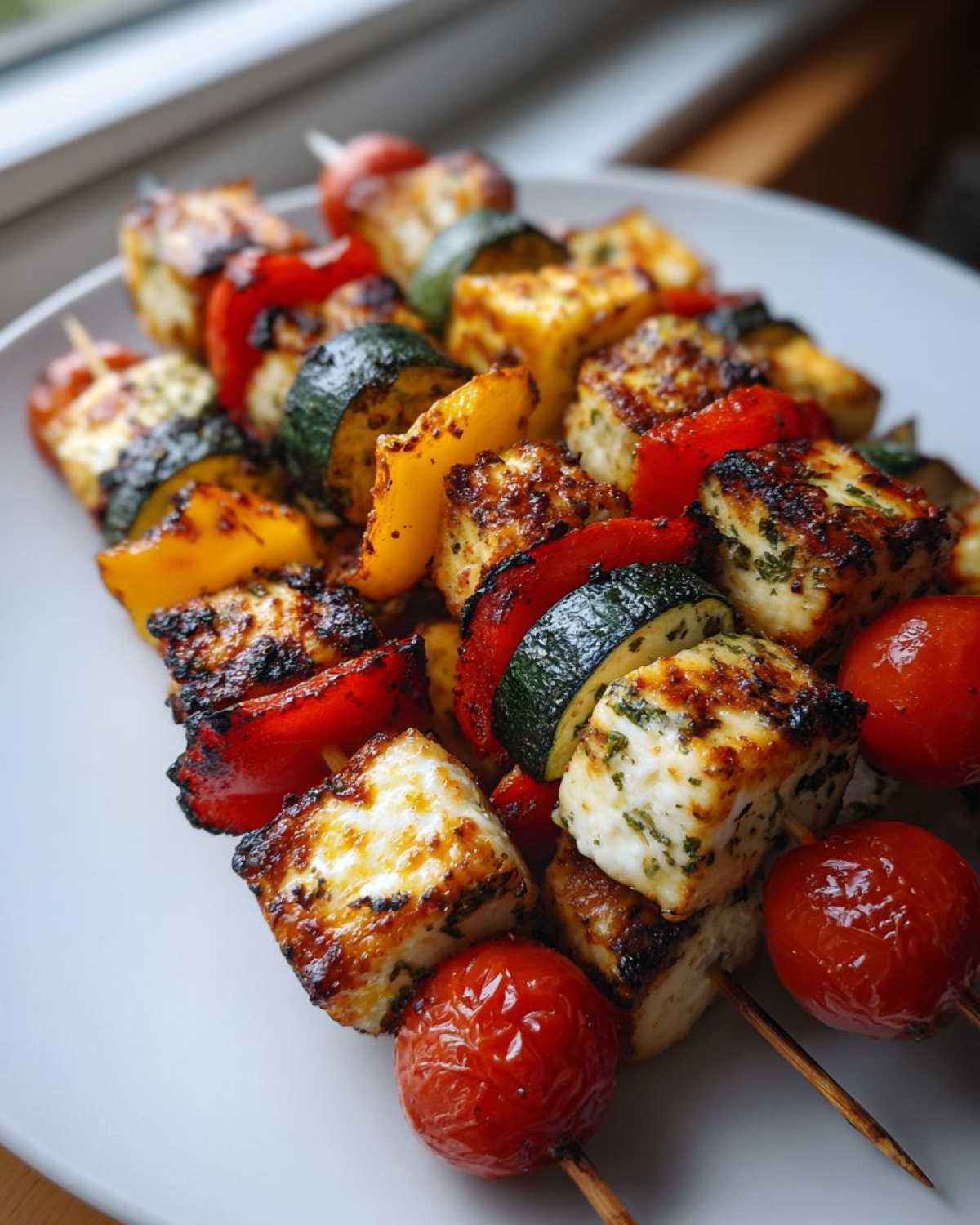 Zbliżenie na grillowane szaszłyki warzywne z serem halloumi, papryką, cukinią i pomidorkami koktajlowymi.