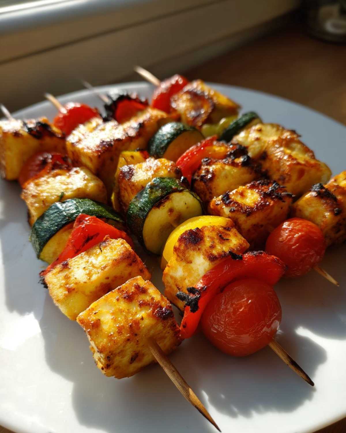 Zbliżenie na grillowane szaszłyki warzywne z serem halloumi, cukinią i pomidorkami koktajlowymi na białym talerzu.