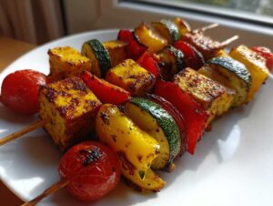 Zbliżenie na grillowane Szaszłyki warzywne z serem halloumi, papryką, cukinią i pomidorkami koktajlowymi na białym talerzu.
