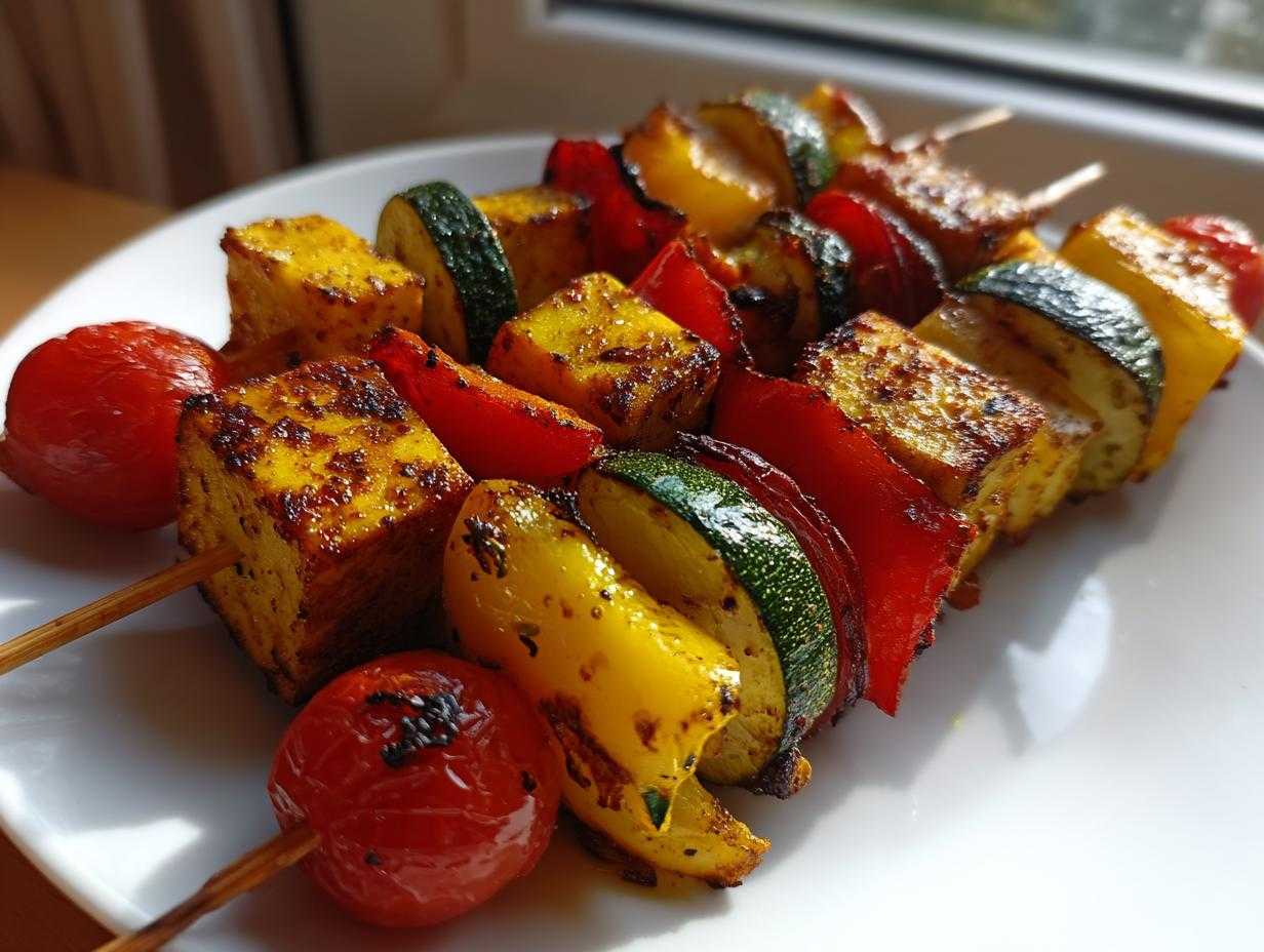 Zbliżenie na grillowane Szaszłyki warzywne z serem halloumi, papryką, cukinią i pomidorkami koktajlowymi na białym talerzu.