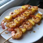Zbliżenie na trzy szaszłyki z grillowanych krewetek i kawałków ananasa, podane na białym talerzu.