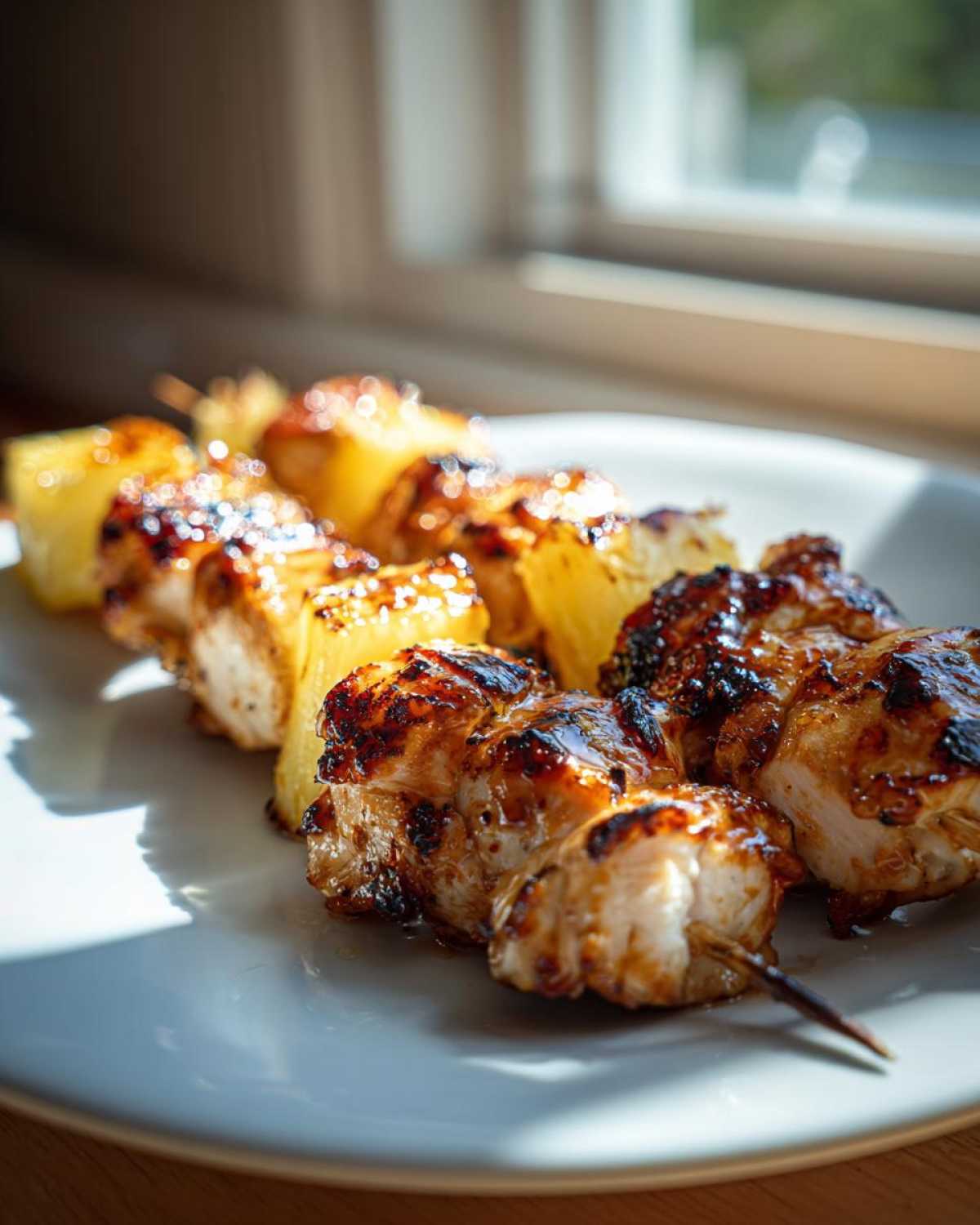Zbliżenie na grillowane szaszłyki z kurczaka z ananasem i sosem, pięknie skarmelizowane.