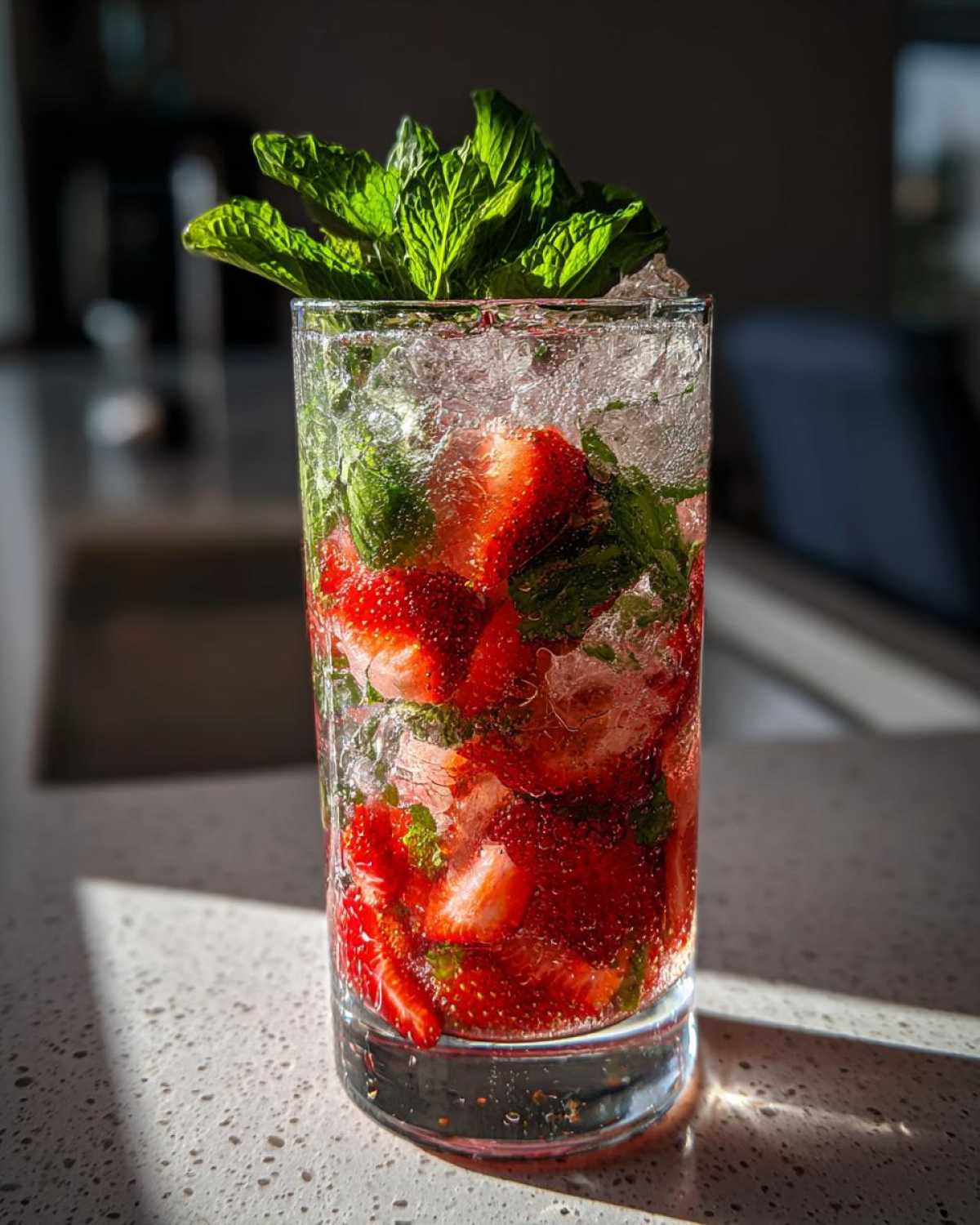 Szklanka pełna truskawek, lodu i mięty, idealna na bezalkoholowe mojito truskawkowe.