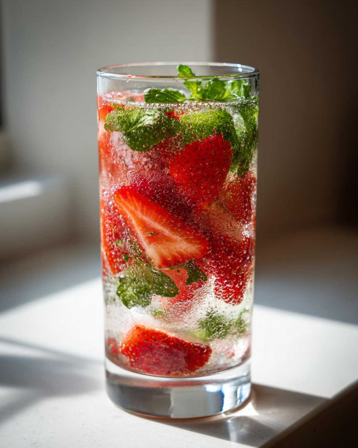 Szklanka wypełniona gazowanym napojem, plasterkami truskawek i listkami mięty – idealne bezalkoholowe mojito truskawkowe.