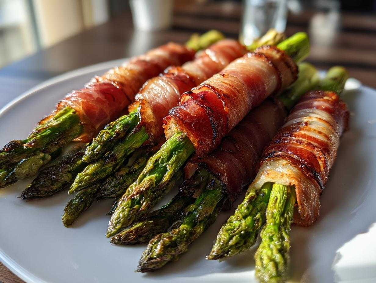 Zbliżenie na gotowe Szparagi w szynce parmeńskiej, owinięte chrupiącym boczkiem, podane na białym talerzu.