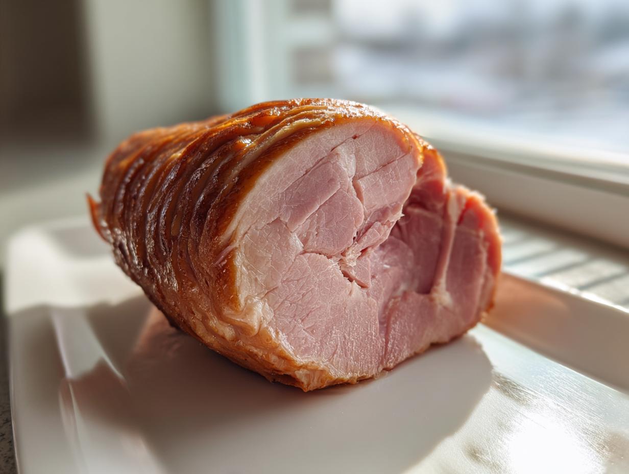 Przekrój pieczonego kawałka szynki, który posłuży do przygotowania Roladki z szynki z nadzieniem chrzanowym.
