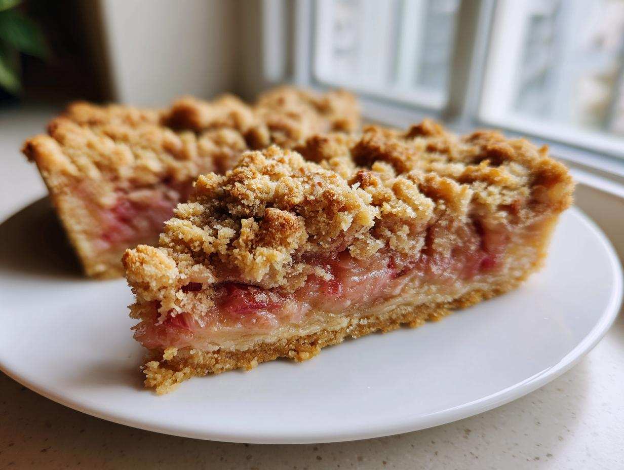 Zbliżenie na kawałek Tarta z rabarbarem i kruszonką z grubą warstwą kruszonki i różowym nadzieniem.