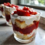 Zbliżenie na warstwowe Tiramisu truskawkowe na zimno z biszkoptem, kremem i kawałkami truskawek na wierzchu.