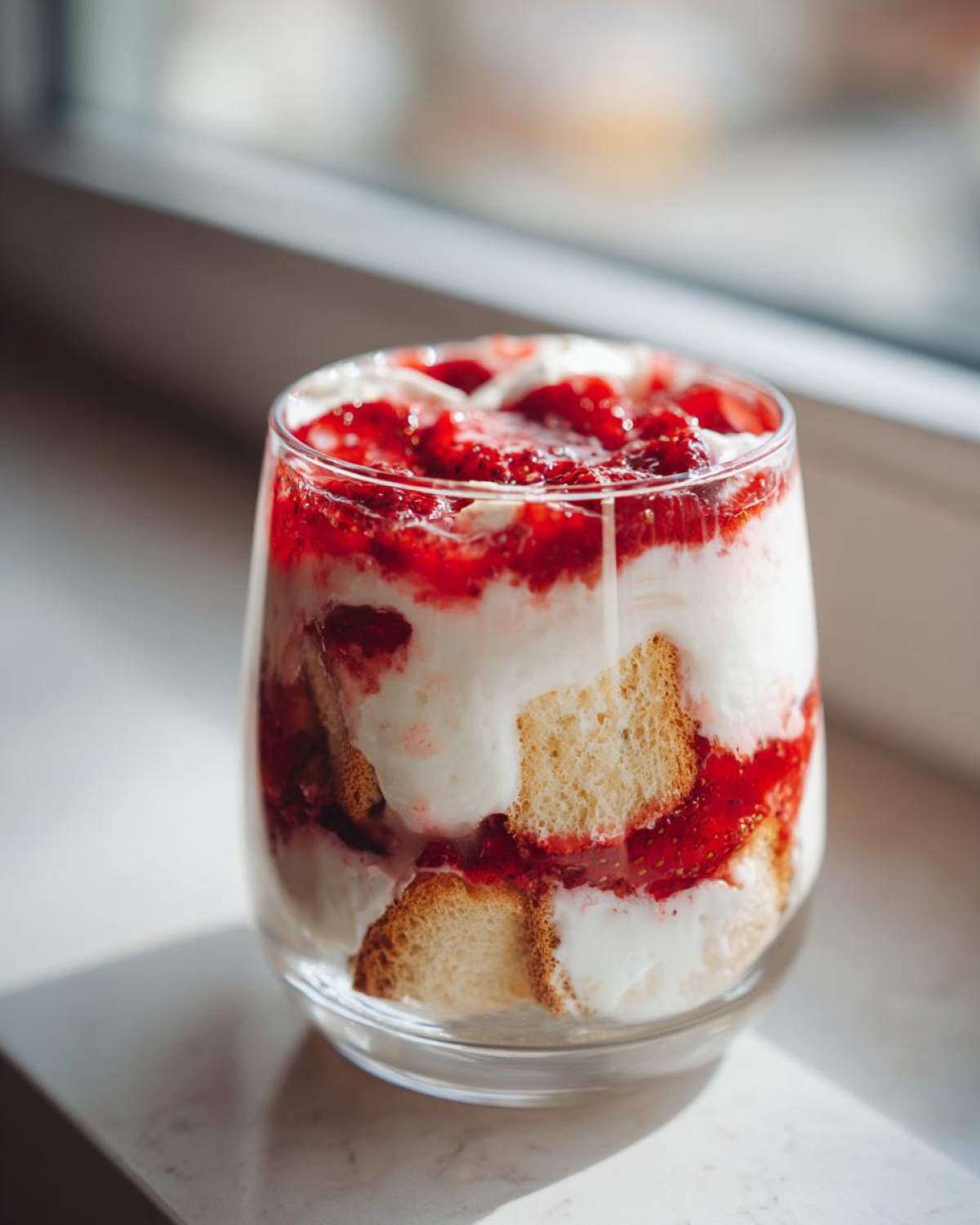 Zbliżenie na deser Tiramisu truskawkowe na zimno w szklance, z warstwami biszkoptu, kremu i truskawek.
