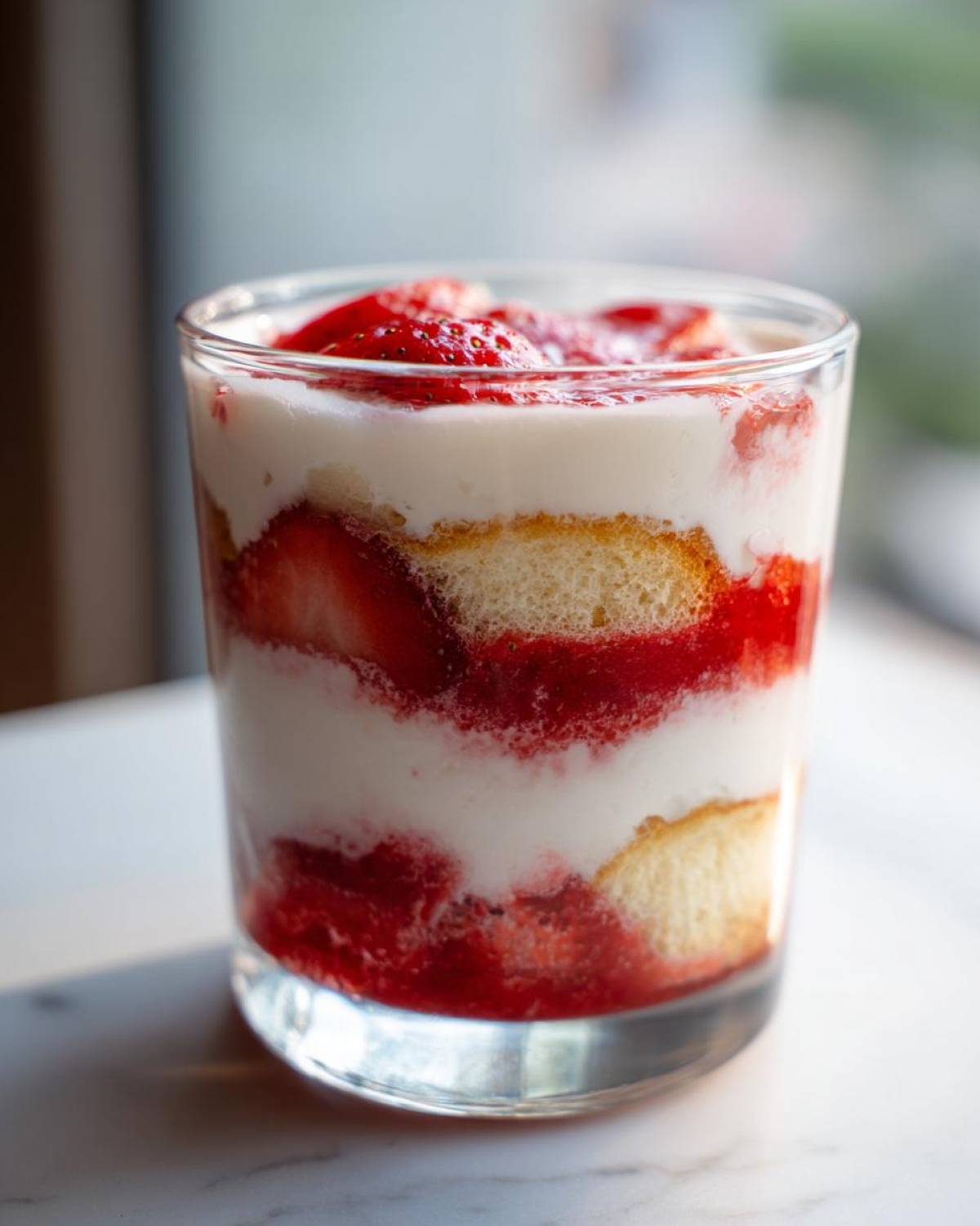 Zbliżenie na warstwowe Tiramisu truskawkowe na zimno w szklance z kremem i biszkoptem.