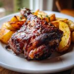Zbliżenie na udka z kaczki pieczone z jabłkami, z błyszczącą, karmelizowaną skórką, podane z pieczonymi ziemniakami.
