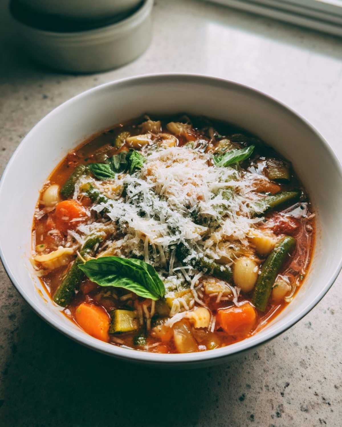 Miseczka Wiosenna zupa minestrone obficie posypana tartym parmezanem i udekorowana listkami bazylii.