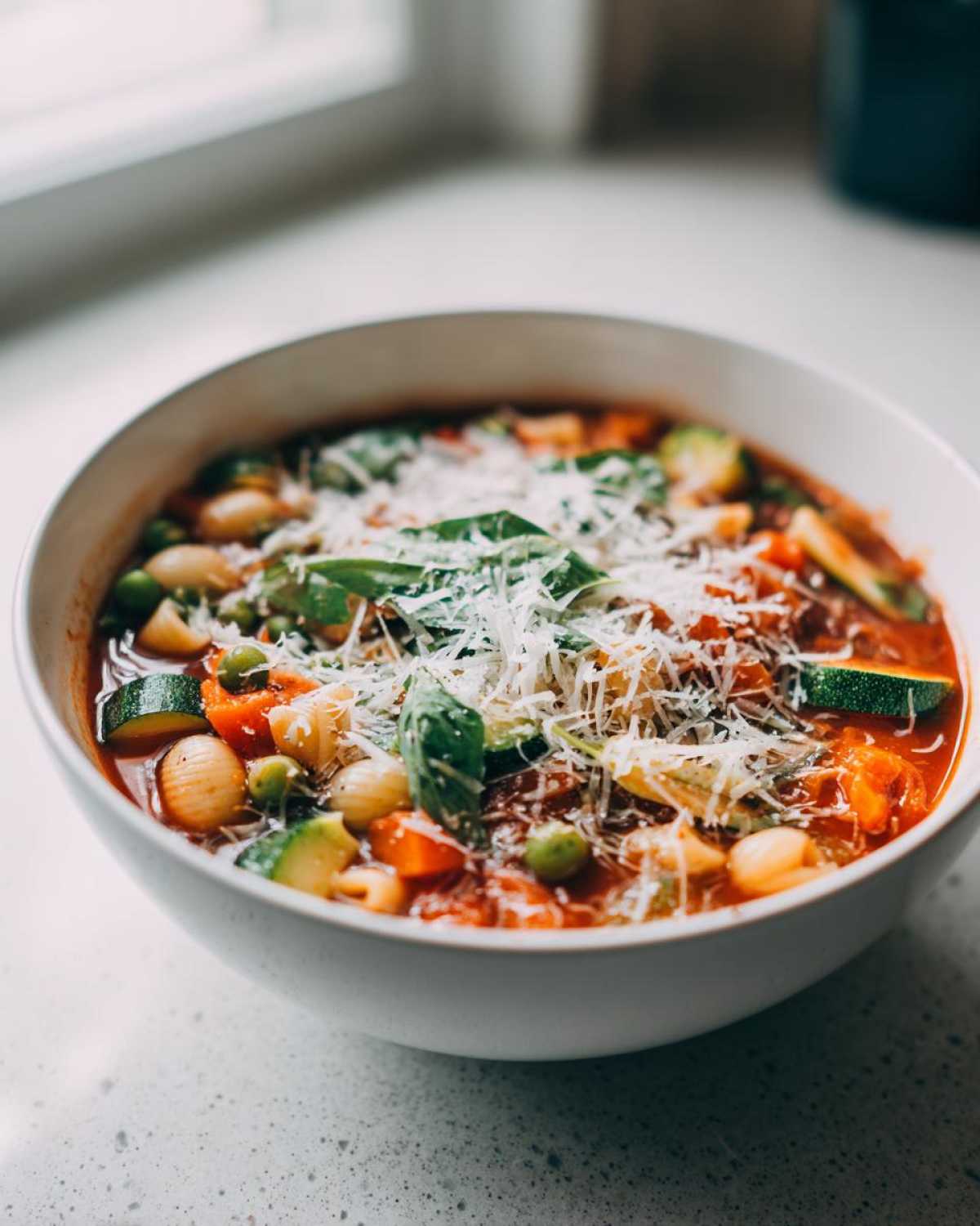Miseczka Wiosenna zupa minestrone obficie posypana tartym parmezanem i listkami bazylii.
