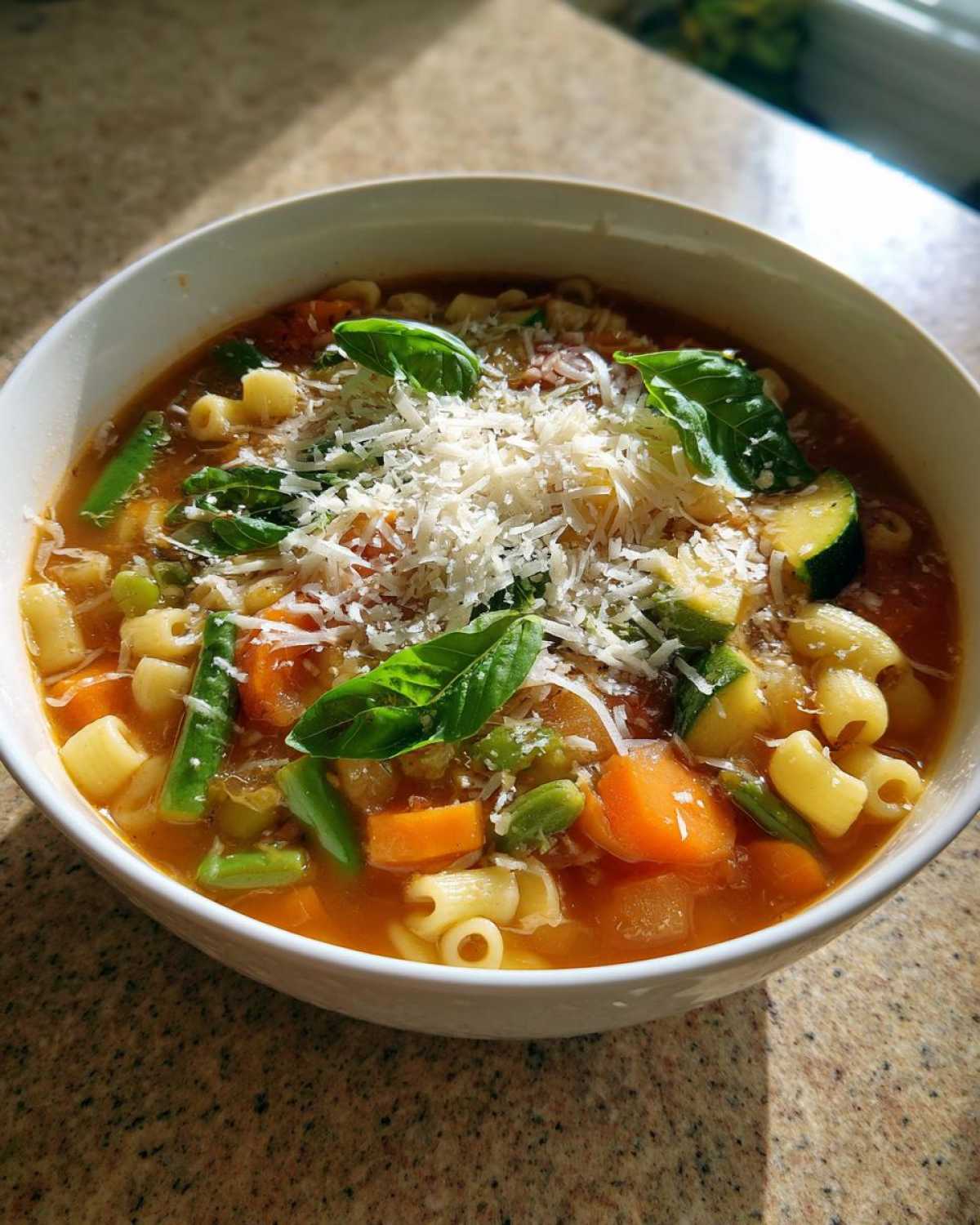 Miseczka Wiosenna zupa minestrone z makaronem, marchewką, cukinią, posypana tartym parmezanem i listkami bazylii.