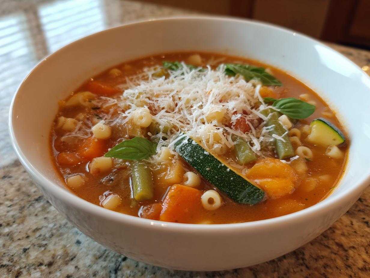 Miseczka Wiosenna zupa minestrone z makaronem, warzywami i startym parmezanem.