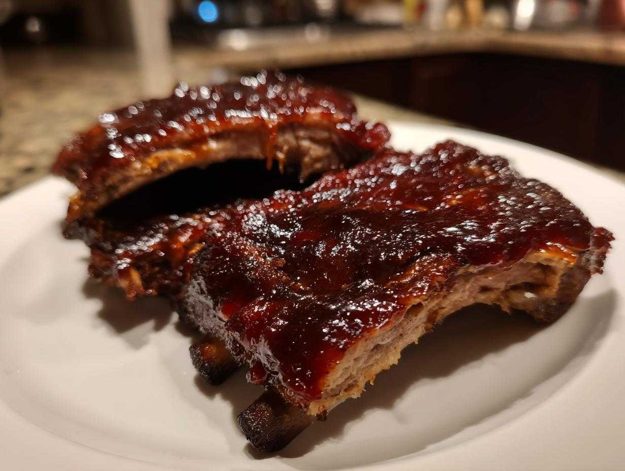 Zbliżenie na kawałki soczystych żeberek BBQ z grilla, obficie polanych ciemnym, błyszczącym sosem BBQ.