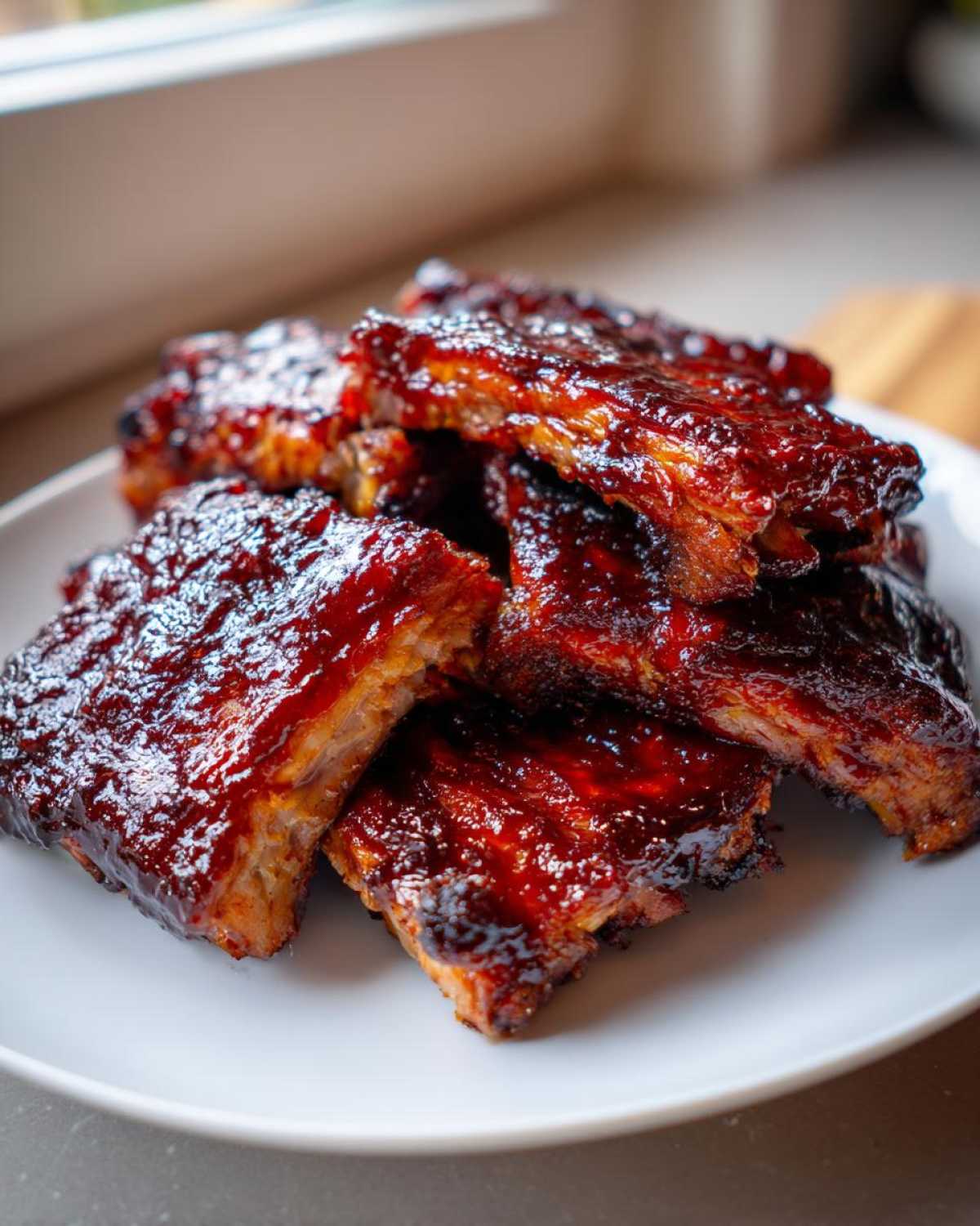 Zbliżenie na stos soczystych, glazurowanych żeberka pieczone w sosie BBQ na białym talerzu.
