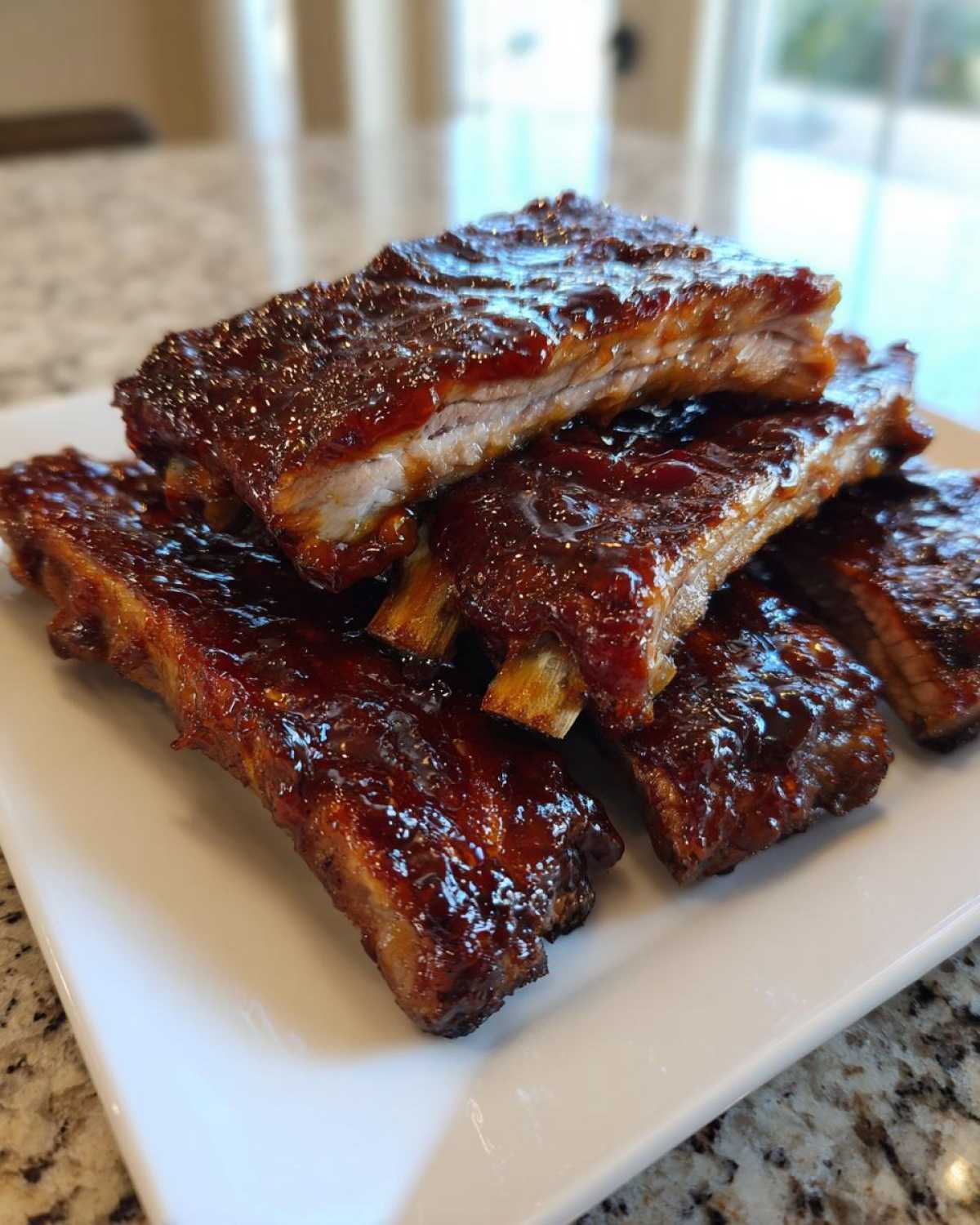 Stos soczystych, glazurowanych żeberka pieczone w sosie BBQ na białym talerzu.